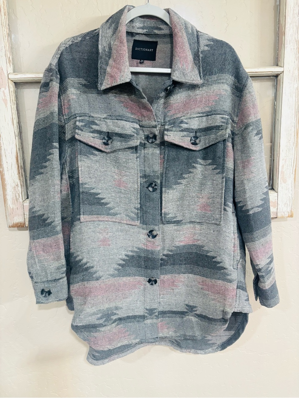 Women’s Western Grey & Pink Patterned Oversized Utility Shacket